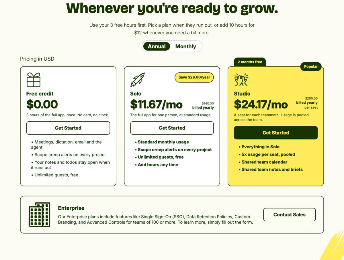 Whenever you're ready to grow. pricing section from Saybriefly
