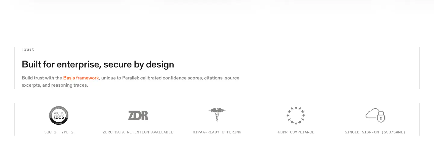 Built for enterprise, secure by design Features section from Parallel