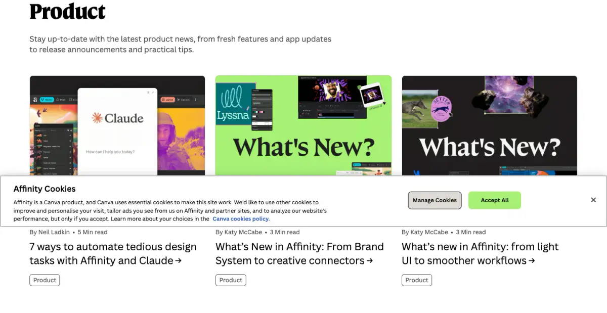 Product features section from Affinity