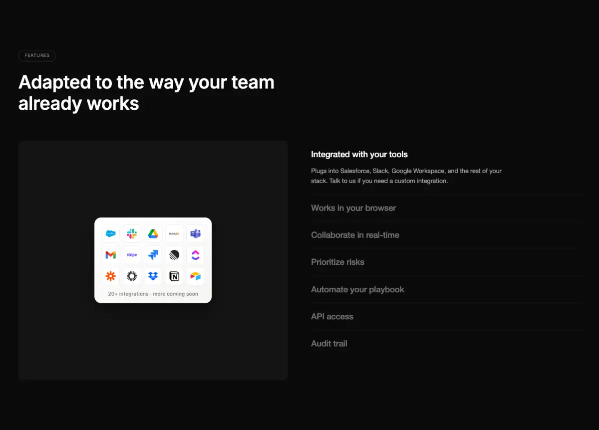 Adapted to the way your team already works features section from Formable