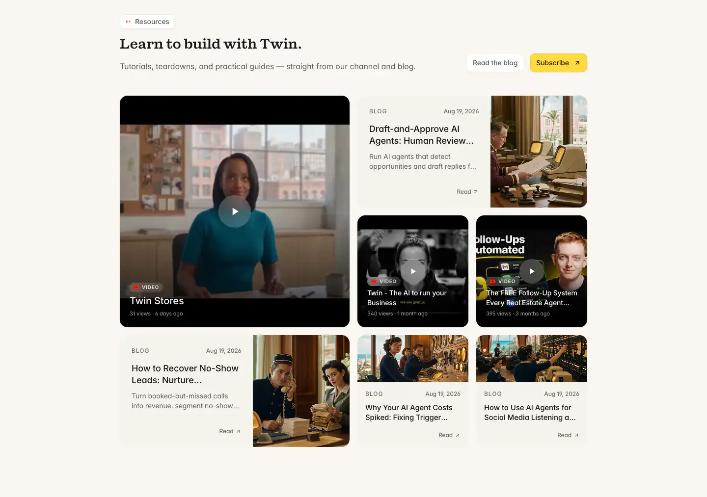 Learn to build with Twin resources editorial section from Twin