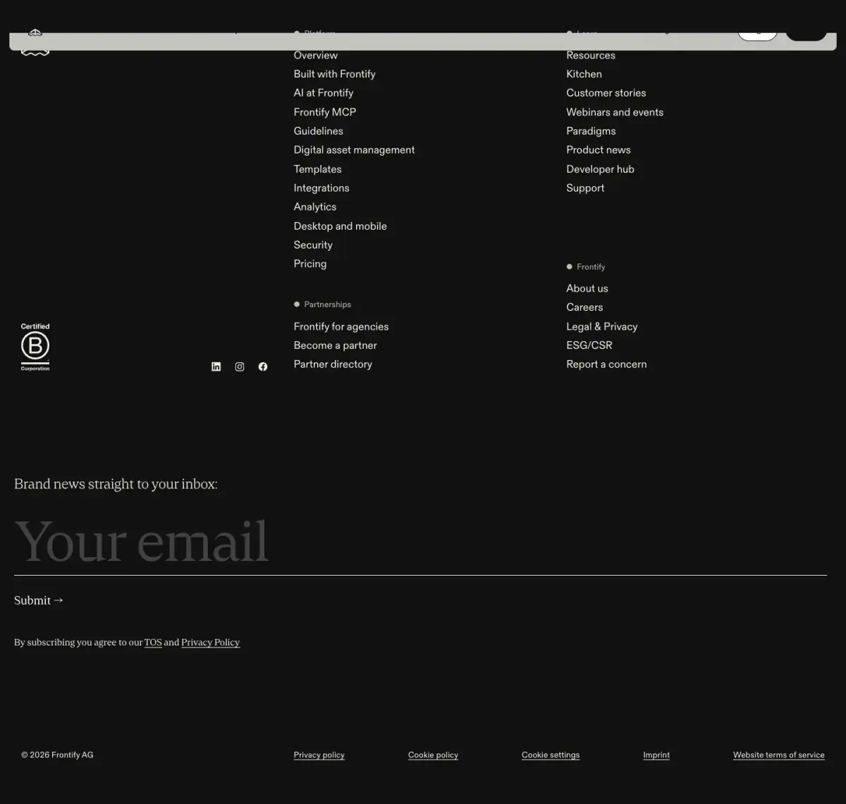 Brand news straight to your inbox: Footer section from Frontify