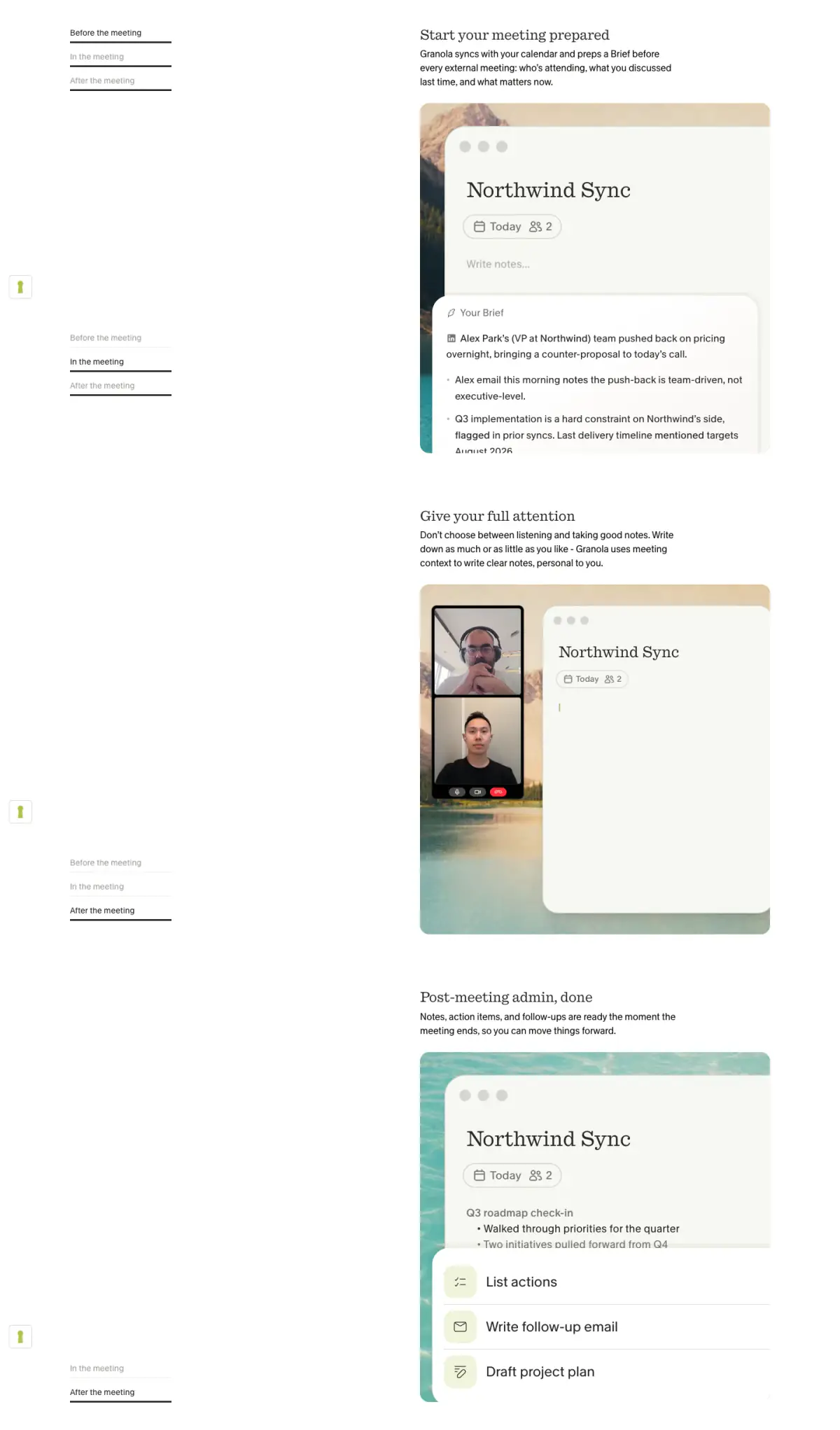 Start your meeting prepared features section from Granola
