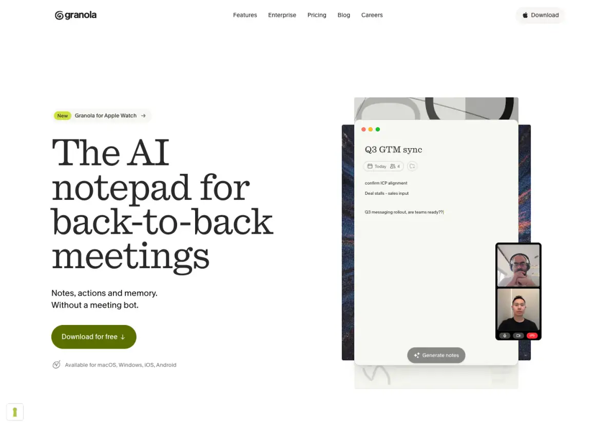 The AI notepad for back-to-back meetings hero section from Granola