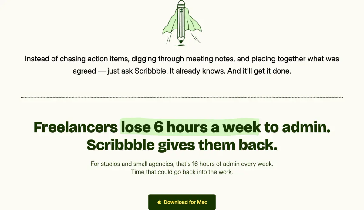 Freelancers lose 6 hours a week to admin. Scribbble gives them back. features section from Saybriefly