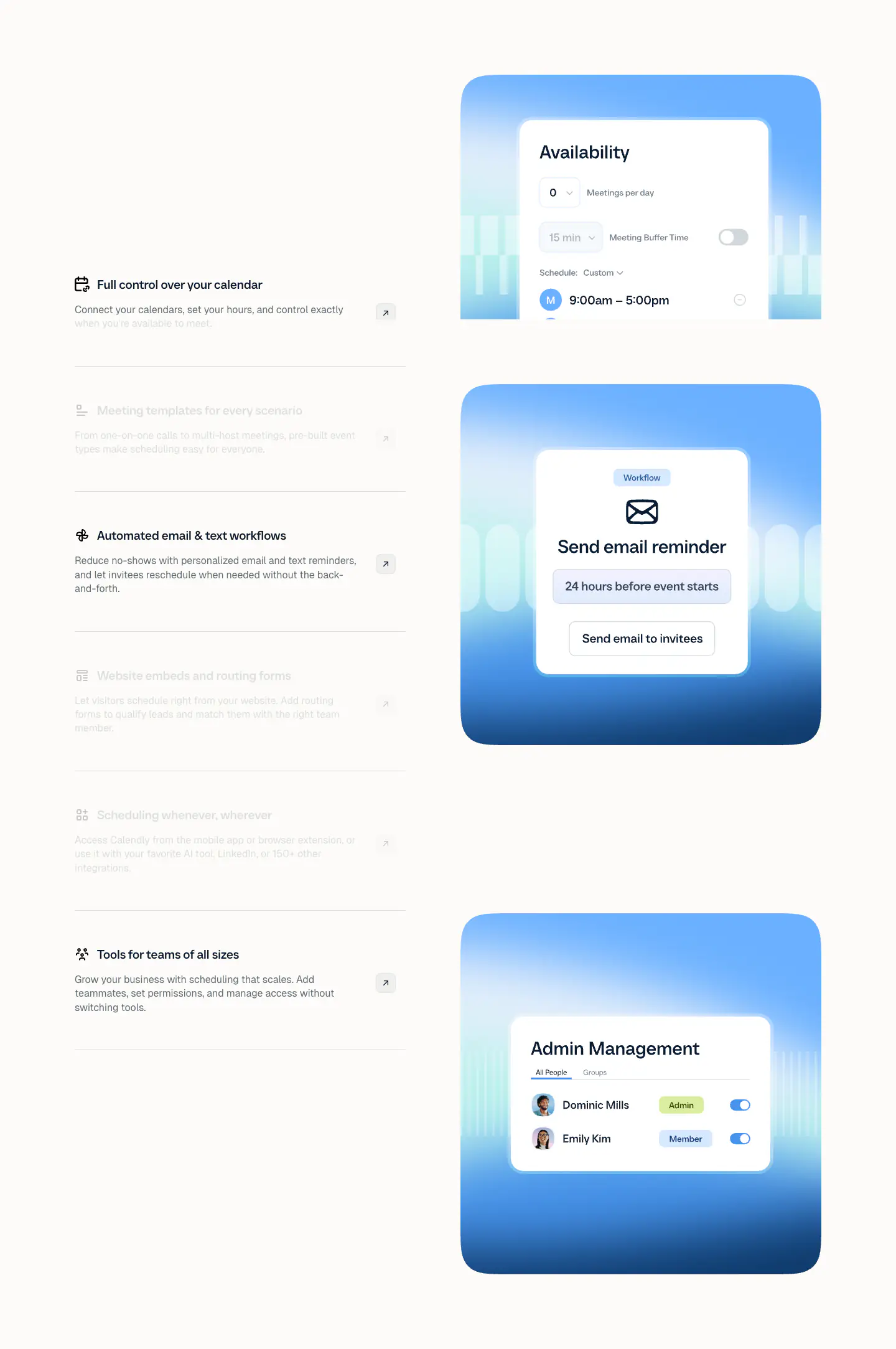 A better way to book your meetings features section from Calendly