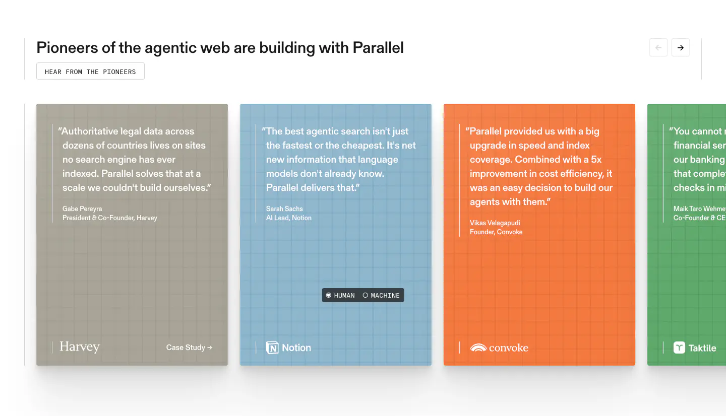 Pioneers of the agentic web are building with Parallel Features section from Parallel