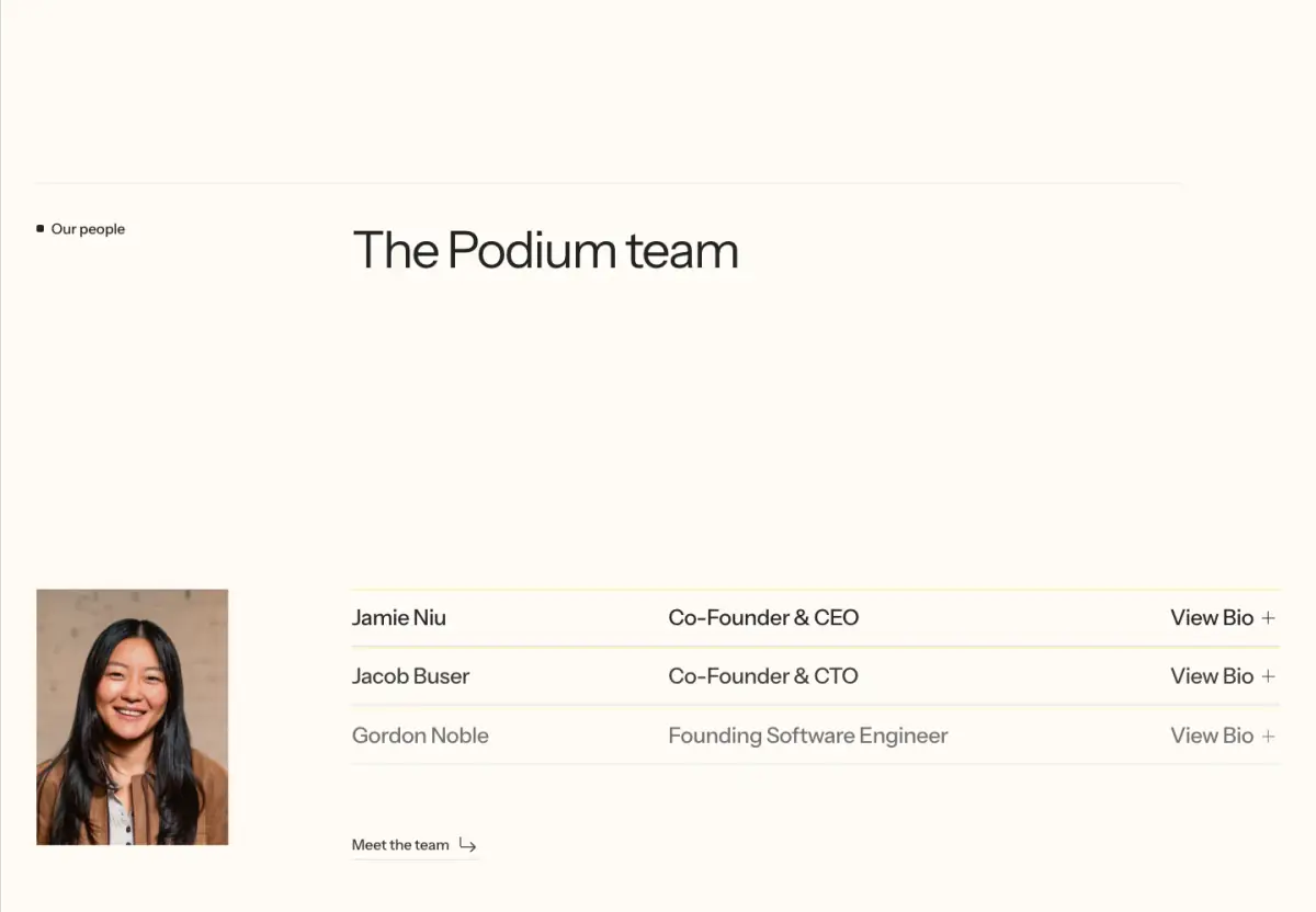 The Podium team features section from Podium Automation