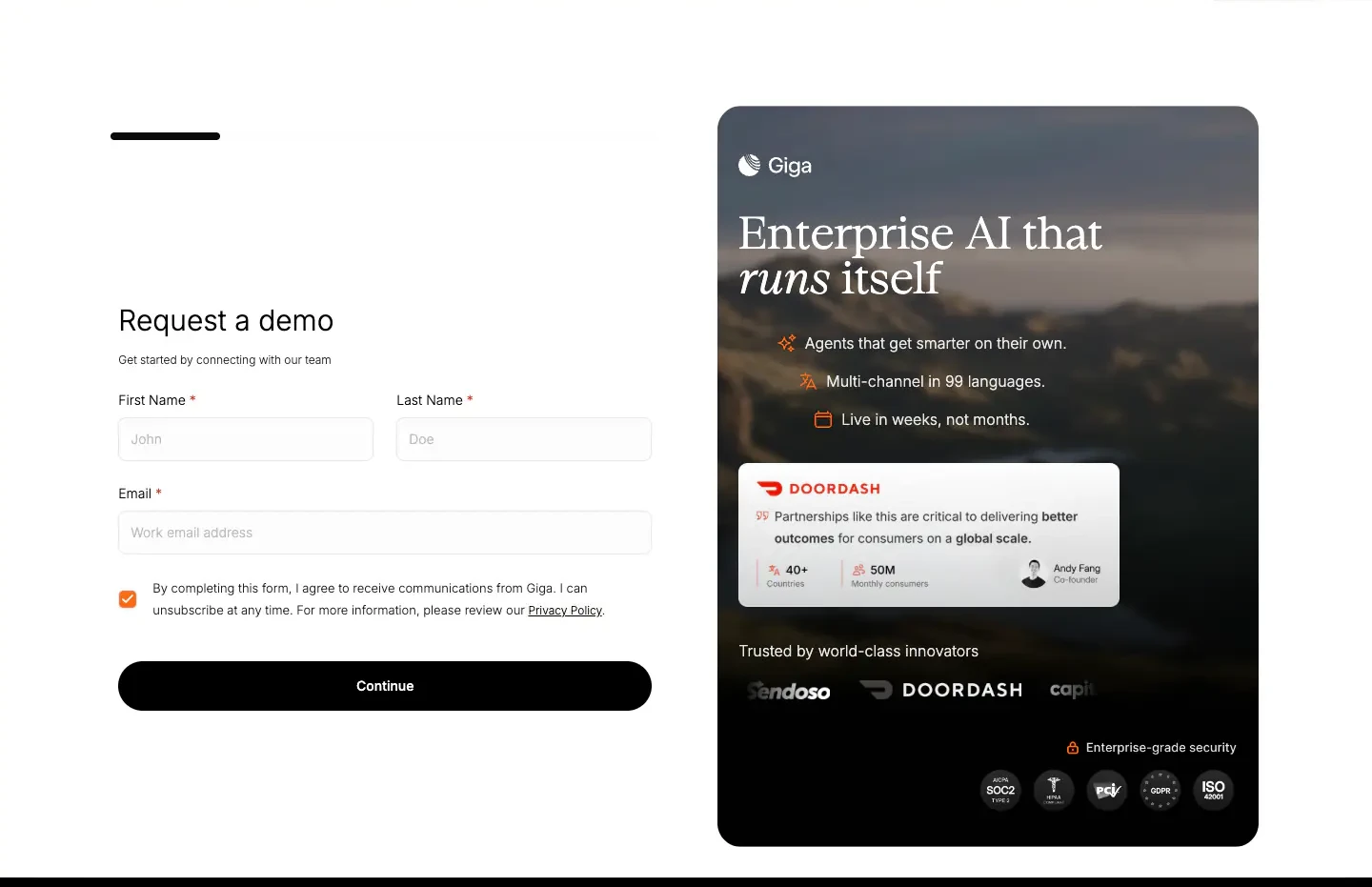 Demo Request Form with Enterprise Proof Panel Forms section from Giga