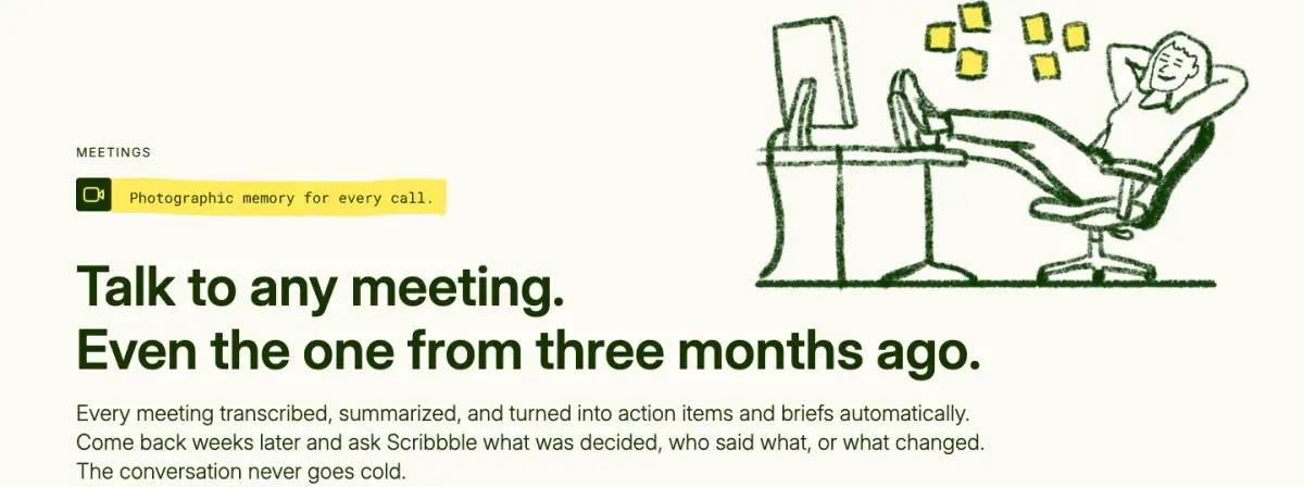 Talk to any meeting. Even the one from three months ago. features section from Saybriefly