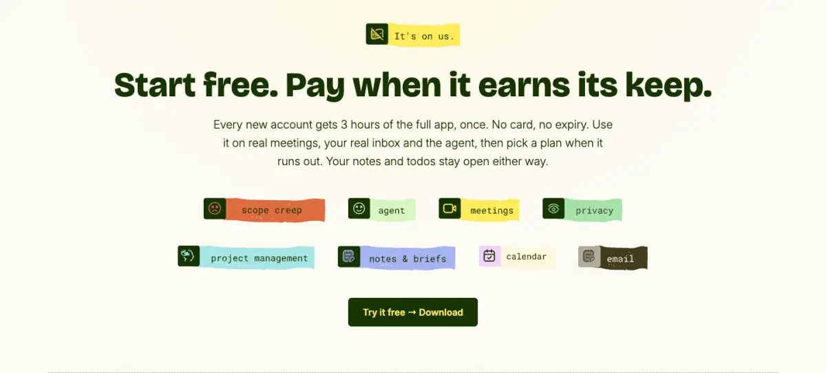 Start free. Pay when it earns its keep. cta section from Saybriefly
