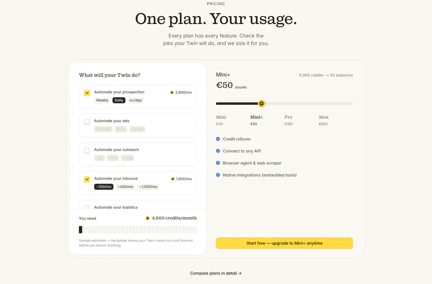 Interactive usage-based pricing builder pricing section from Twin