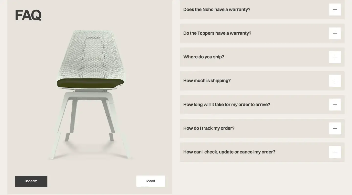 Product & Shipping FAQ faq section from Noho