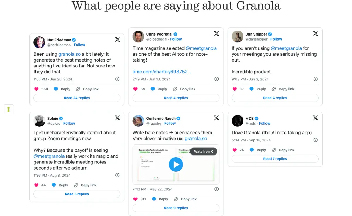 What people are saying about Granola testimonials section from Granola