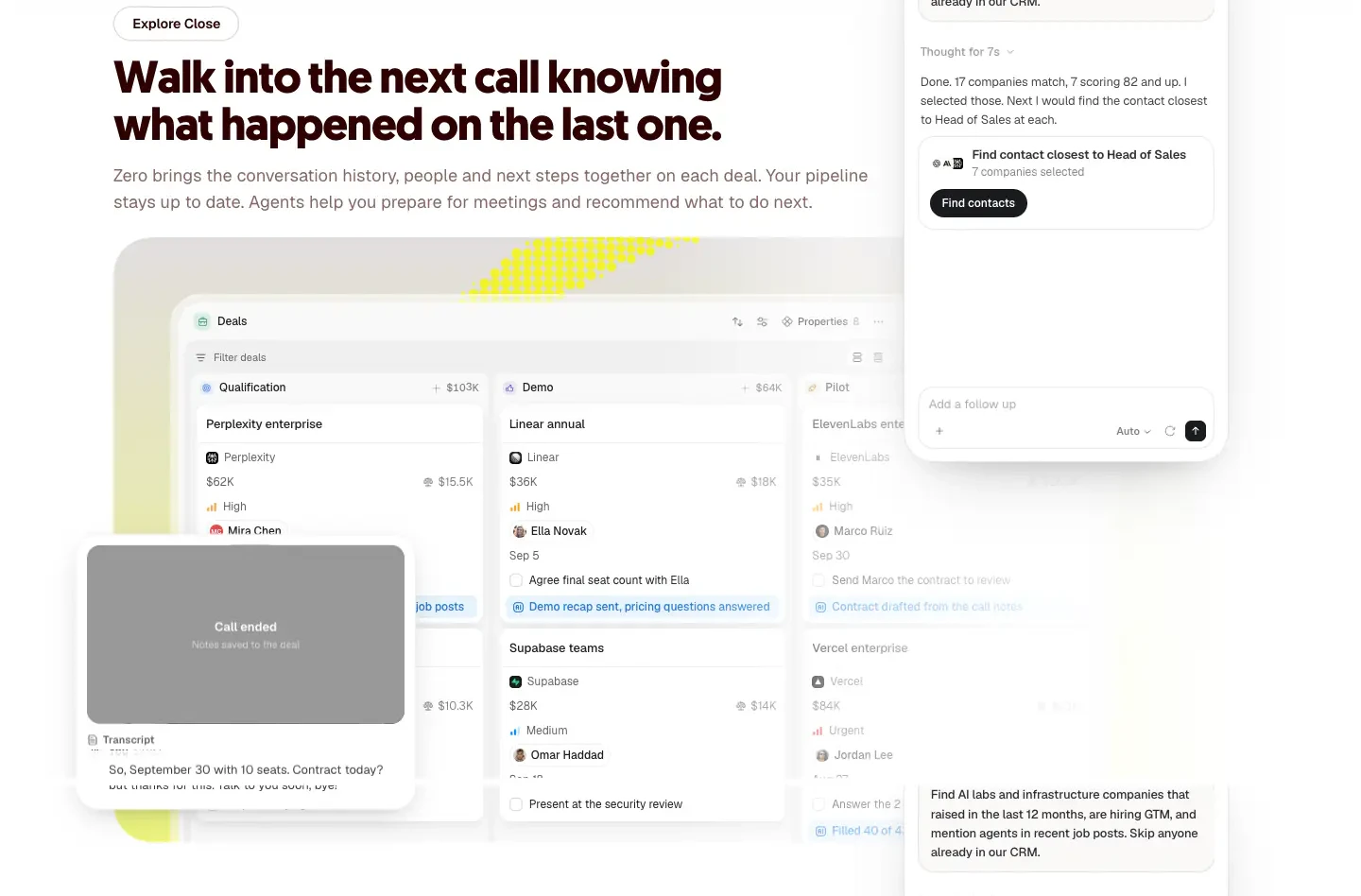 Explore Close — Conversation-Aware Deal Pipeline features section from Zero
