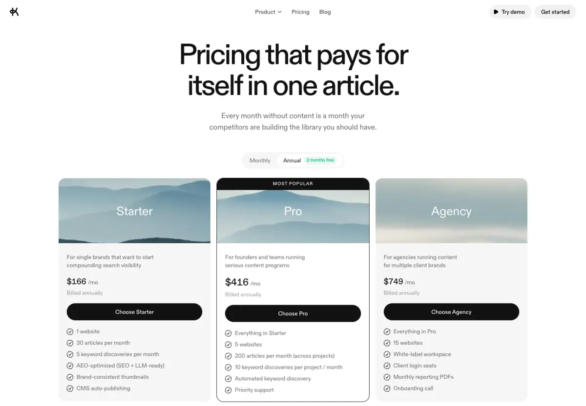 Pricing that pays for itself in one article. hero section from Keytail