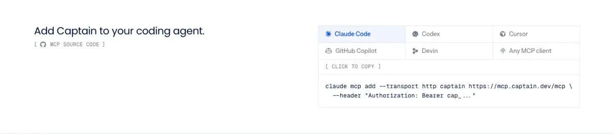 Add Captain to your coding agent. features section from Captain