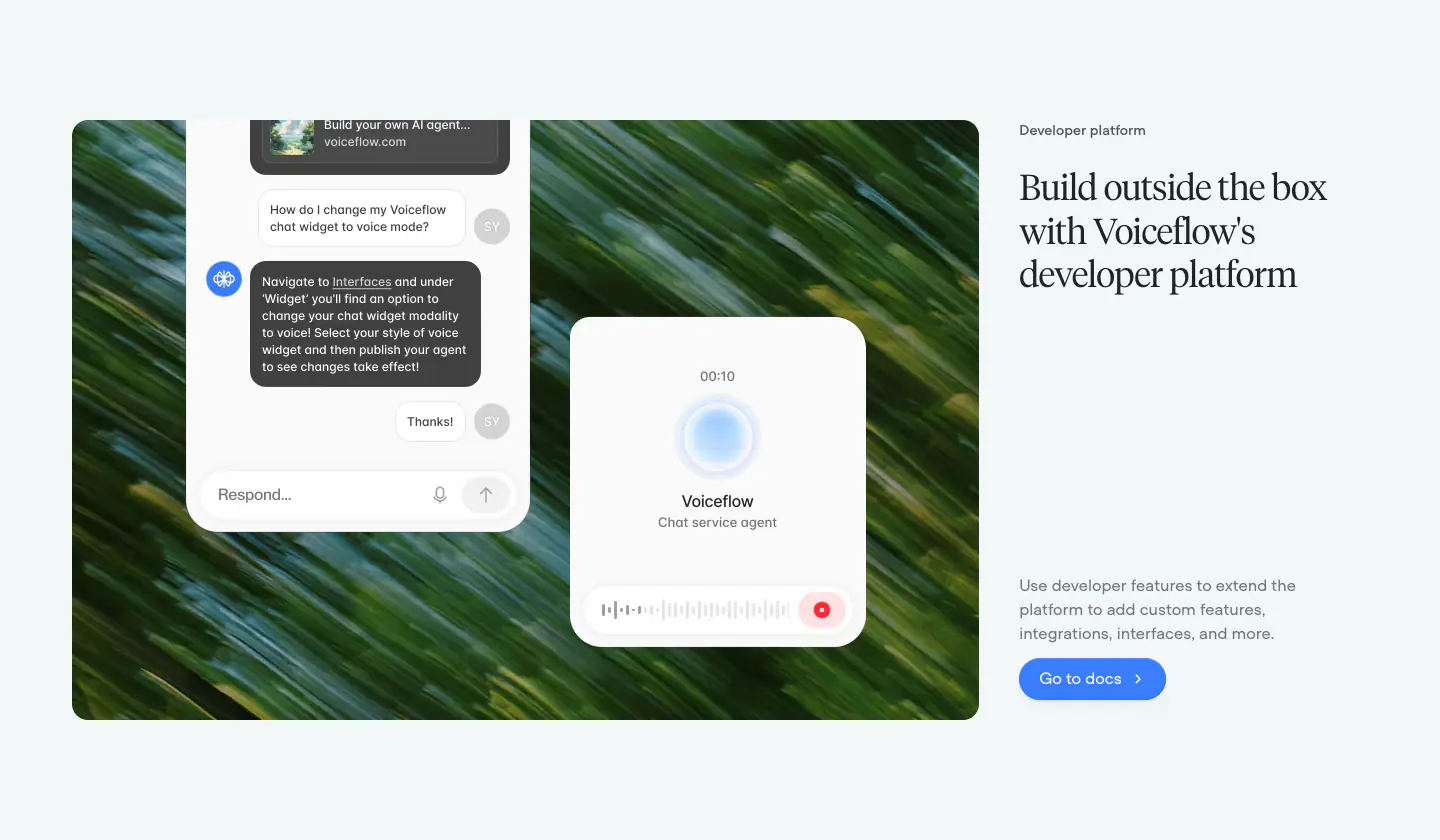 Build outside the box with Voiceflow's developer platform features section from Voiceflow