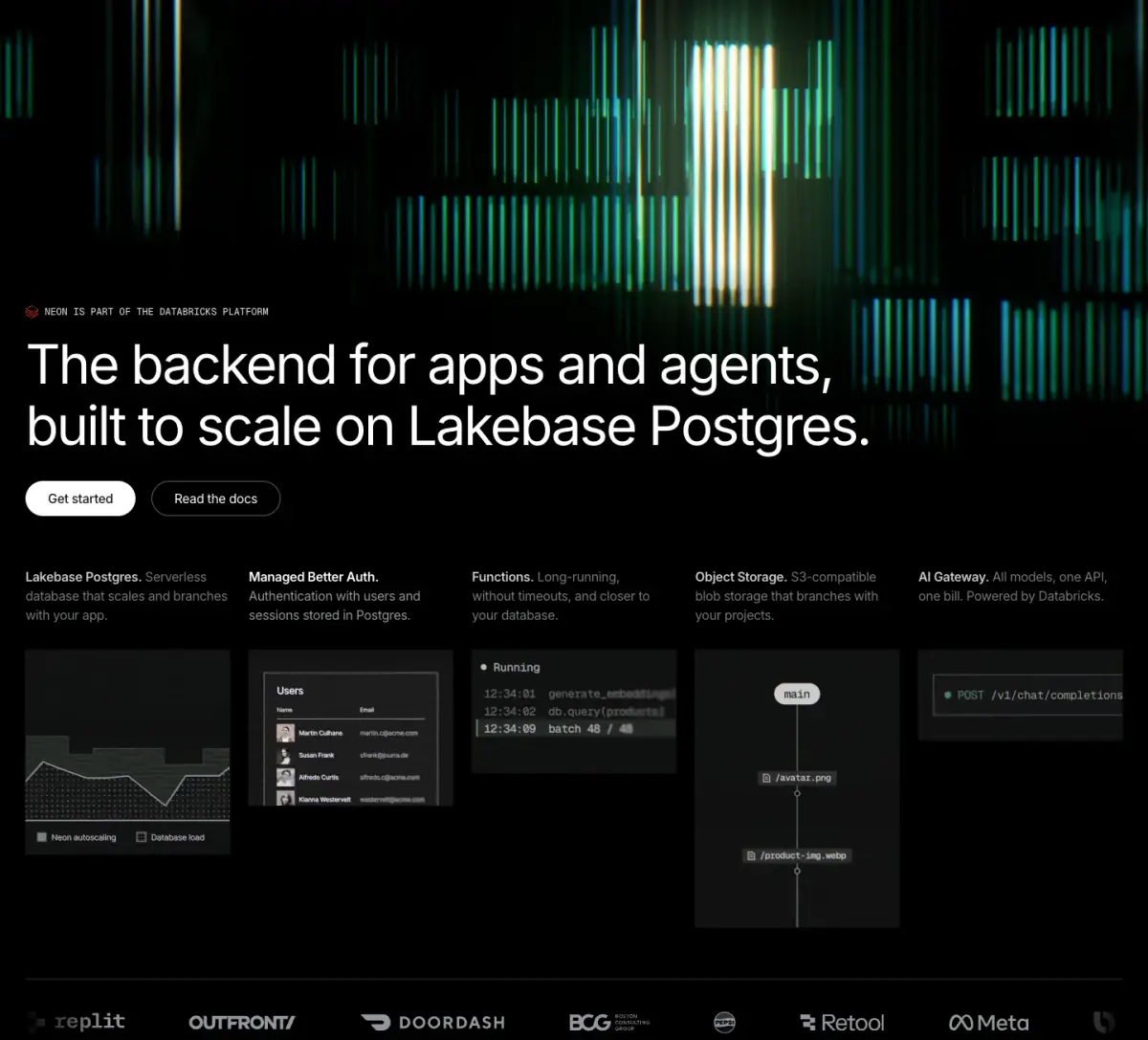 The backend for apps and agents, built to scale on Lakebase Postgres. hero section from Neon