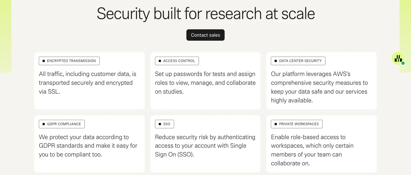 Security built for research at scale Feature Grid section from Maze