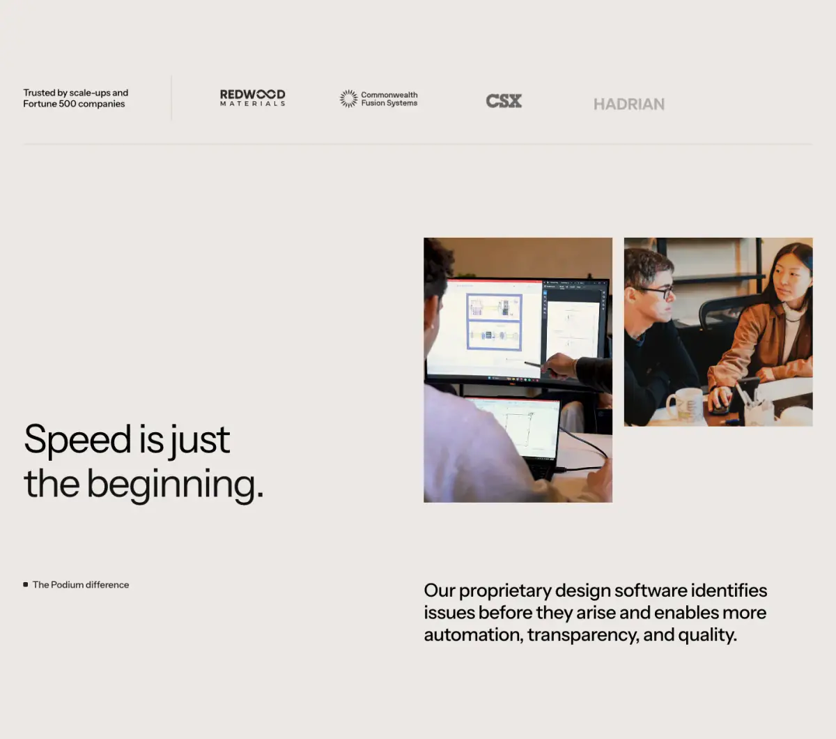 Trusted by scale-ups and Fortune 500 companies features section from Podium Automation