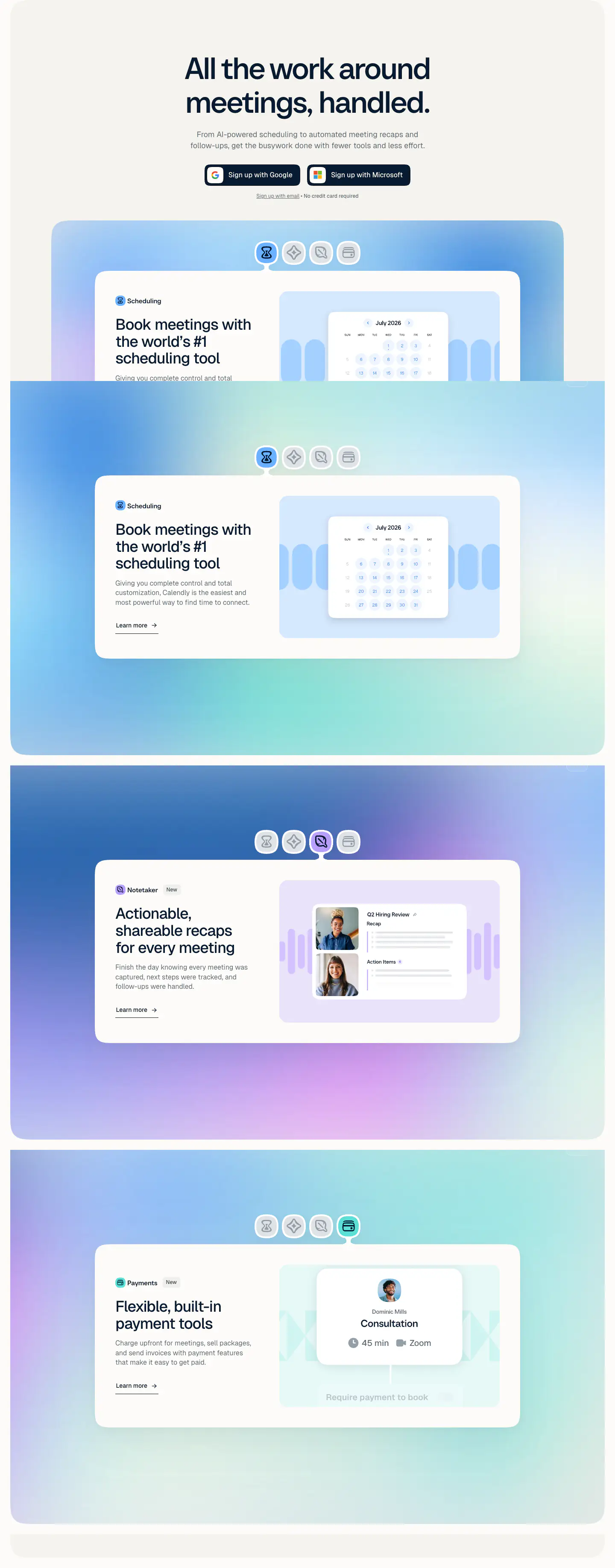 All the work around meetings, handled. Hero section from Calendly