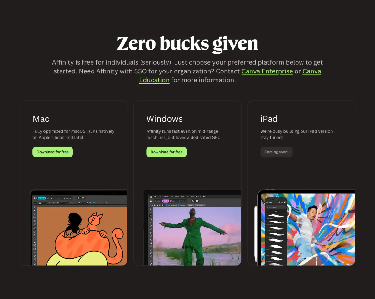 Zero bucks given features section from Affinity