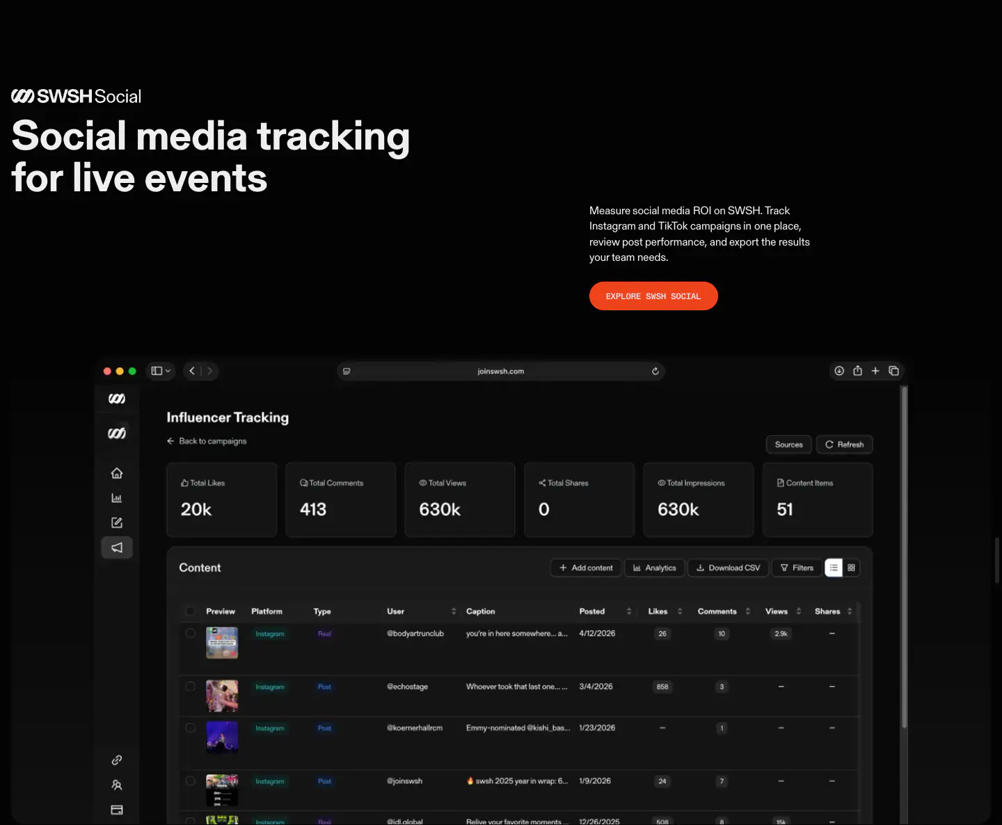 Social media tracking Social media tracking for live events for live events Features section from SWSH