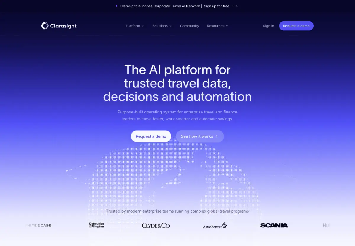 The AI platform for trusted travel data, decisions and automation hero section from Clarasight