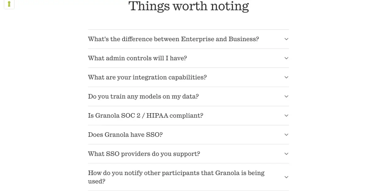 Things worth noting features section from Granola