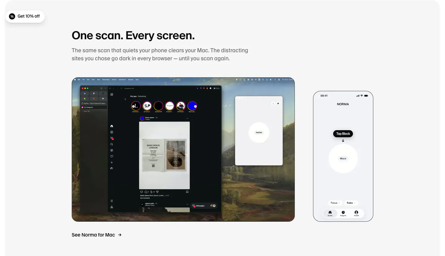 One scan. Every screen. Features section from Nor