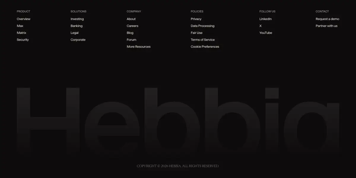 PRODUCT footer section from Hebbia