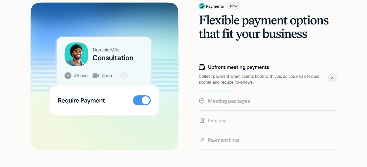 Flexible payment options feature-card section from Calendly
