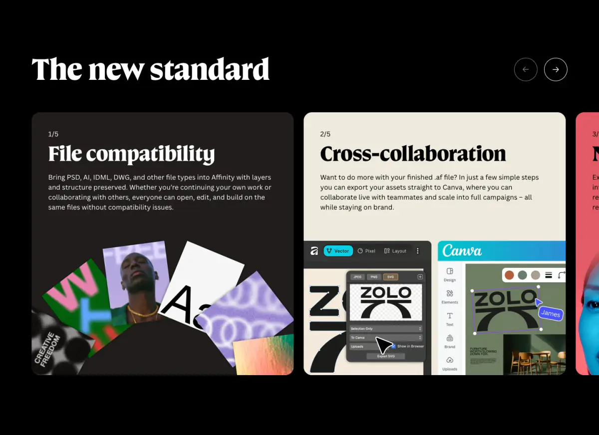 The new standard features section from Affinity