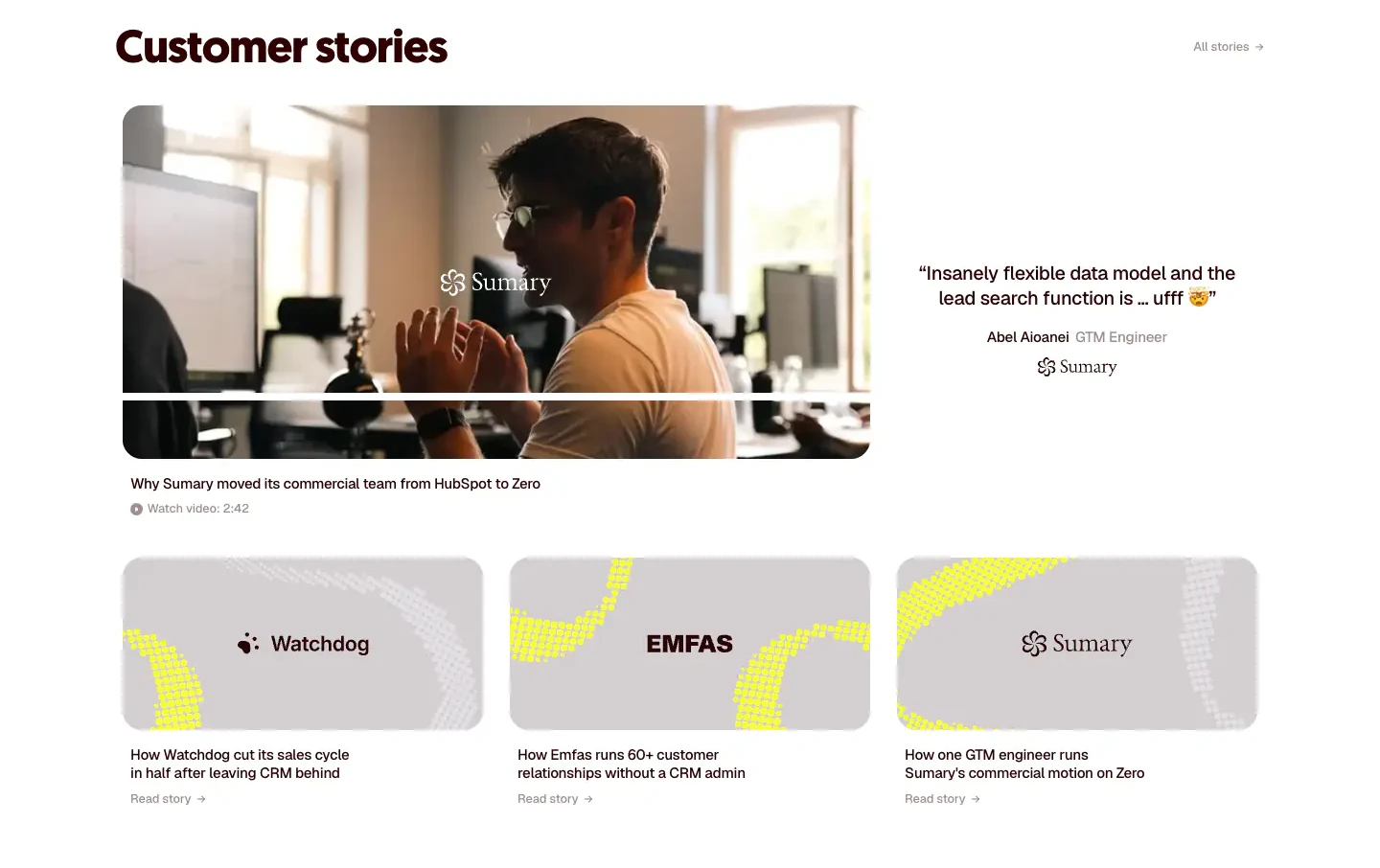 Customer stories showcase testimonials section from Zero